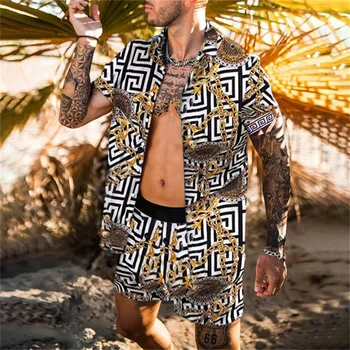 Негабаритный Гавайский Летний мужской костюм, Новая Модная рубашка с 3D принтом + Шорты, Комплект с коротким рукавом, Повседневные Цветочные Пляжные Мужские Комплекты из 2 предметов
