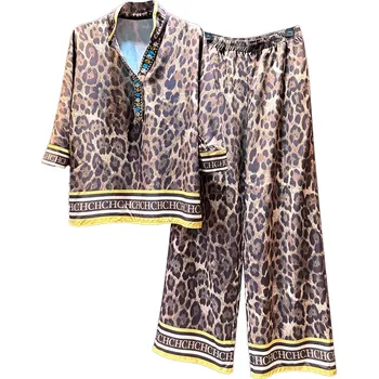 Evagina Винтажный леопардовый принт, дизайн Sense, повседневная рубашка, брючный костюм, женский модный комплект из двух предметов в иностранном стиле