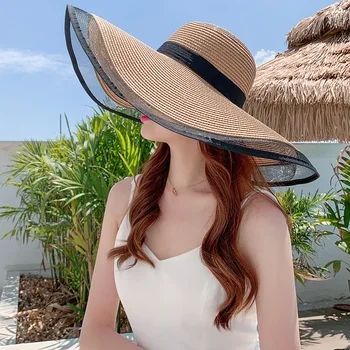 2020 Новые Солнцезащитные шляпы для женщин и девочек с широкими полями, Соломенная шляпа, Летняя Богемная Пляжная кепка, лента, Вводная часть, черный