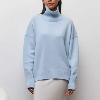 Зимний мягкий женский свитер, женский однотонный свитер, уютные женские вязаные свитера с высоким воротником для защиты шеи на осень
