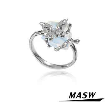 MASW Оригинальный дизайн, Роскошные ювелирные изделия, Толстое серебро, Синие стеклянные Кольца с бабочками для женщин, подарок на свадьбу для девочек, Новинка 2023 года