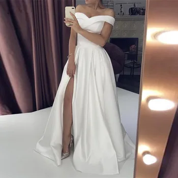 Свадебные платья 2020, Атласное Свадебное платье с открытыми плечами, vestido de noiva с разрезом справа и открытой спиной, сшитое на заказ suknia slubna