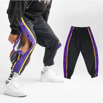 Модные спортивные мужские брюки в стиле Харадзюку, спортивные штаны для баскетбола на каждый день, спортивные штаны с открытой спиной, дизайнерские брюки на пуговицах в полоску сбоку