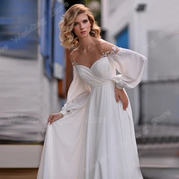 Элегантные белые свадебные платья, прозрачная шея, Длинный шлейф, Свадебное платье для женщин, Пышные рукава, Иллюзия, пуговицы сзади, Vestido Noche