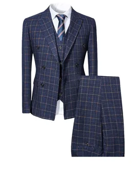 Модные мужские деловые длинные рукава, высококачественная решетчатая тонкая пряжка, мужские осенние костюмы, пальто, костюм из 3 предметов XS-5XL на заказ