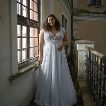 Классические Свадебные платья Больших размеров с V-образным вырезом и короткими рукавами, Шифоновое платье Невесты Трапециевидной формы Длиной до пола, Vestidos De Novia Para Grande