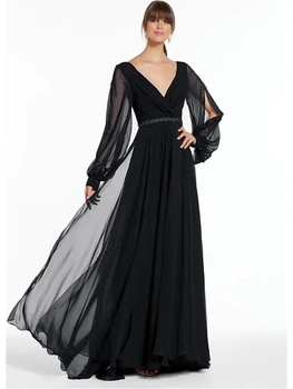 Morden Beads Черное вечернее вечернее платье с V-образным вырезом и длинным рукавом, Шифоновое платье с открытой спиной для выпускного Вечера, Праздничное платье для Фиесты