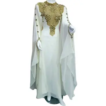 Дубайский кафтан с полувысоким воротником, Куртас, Белый индийский халат из жоржета, металлические блестки, украшение из бисера, свадебное платье ручной работы