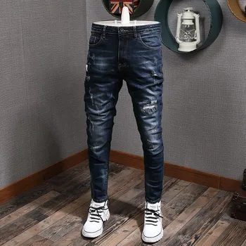 Модные Дизайнерские Мужские джинсы в стиле Ретро, темно-Синие Эластичные Стрейчевые Тонкие Рваные Джинсы, Мужские Винтажные джинсовые брюки-карандаш в Корейском стиле, Hombre