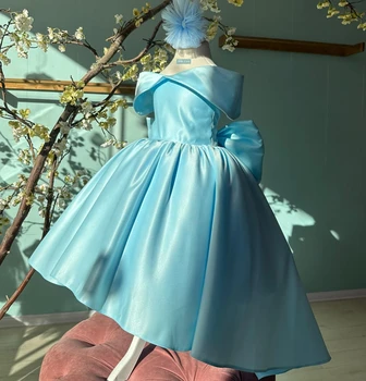 Синие атласные платья для девочек в цветочек с прозрачным вырезом Hi Lo, детские праздничные платья на день рождения с бантом, детские платья для гостей на свадьбу длиной до пола