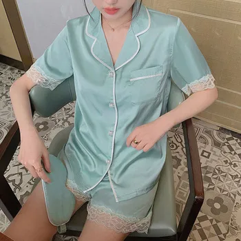 Пижамный комплект женский тонкий ins стиль, летняя милая кружевная пижама с коротким рукавом, одежда для отдыха