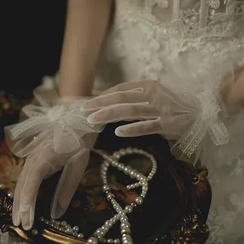 Дешевые Свадебные перчатки из Тюля длиной до запястья с бантиком-бабочкой, белые Свадебные перчатки, Свадебные аксессуары