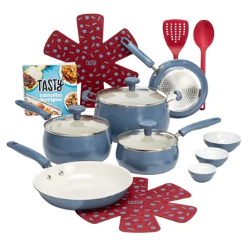 Набор посуды Tasty Clean Ceramic, 16 предметов, алюминиевая посуда с антипригарным покрытием, шиферно-синий
