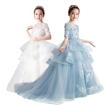 Элегантное сине-белое свадебное платье принцессы со шлейфом для детского дня рождения, карнавала, праздничного представления, платье для девочек от 2 до 12 лет