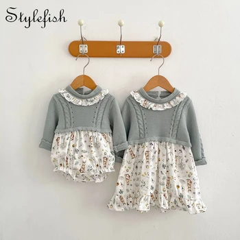 Весенне-осенний модный комбинезон с длинными рукавами и принтом для маленьких девочек и малышей, платье для сестер + юбка с длинными рукавами