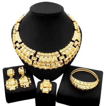 Ювелирные изделия Для женщин Новый Дубайский Желтый Ювелирный набор, Позолоченное ожерелье, Ювелирные изделия для Свадебного Банкета, Классические Серьги, Браслет