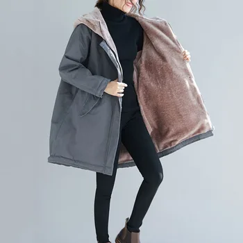 Новинка зимы 2022 года, Бархатная куртка с хлопковой подкладкой, Корейская Свободная хлопковая куртка средней длины с толстой контрастной строчкой, Женская куртка с капюшоном