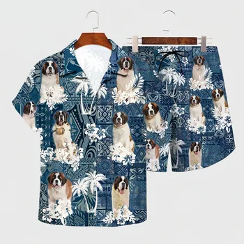 Летний Костюм PLstar Cosmos, Гавайский комплект с Сенбернаром, Гавайская рубашка с 3D принтом + Пляжные шорты, Мужская И Женская одежда с забавными собаками