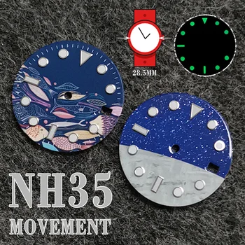 28,5 мм Зеленый светящийся циферблат с абстрактным рисунком Рыбы /звезды и Луны для часов с механизмом NH35 / 36 / 4R / 7S, модифицирующие детали