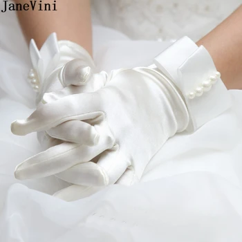 JaneVini Модные Белые перчатки Элегантный бант, жемчуг, Атласные перчатки длиной до запястья, женские аксессуары для свадебной вечеринки