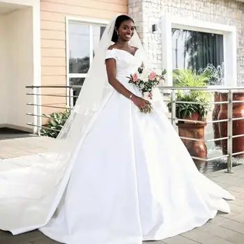 Свадебное платье трапециевидной формы большого размера с открытыми плечами, Атласные Длинные Свадебные платья, Дешевое Праздничное платье