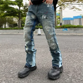 Рваные джинсы в стиле пэчворк в стиле ретро, расклешенные брюки для мужчин и женщин, Прямые Повседневные свободные джинсовые брюки большого размера